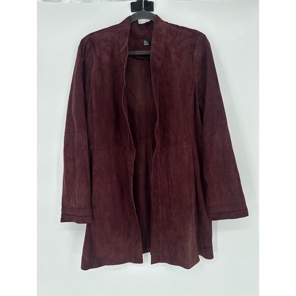 Eileen Fisher Womens Goat Suede Leather Jacket M Burgundy Open Front Long Blazer - Picture 1 of 7